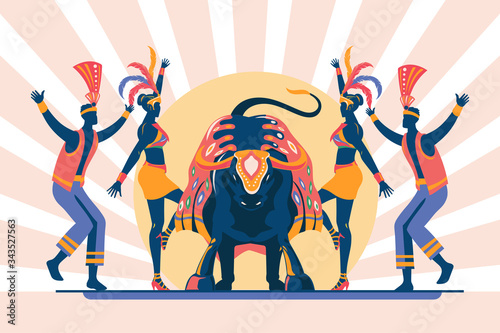 Vector illustration of traditional brazilian celebration - "bumba meu boi" is translated as hit my bull