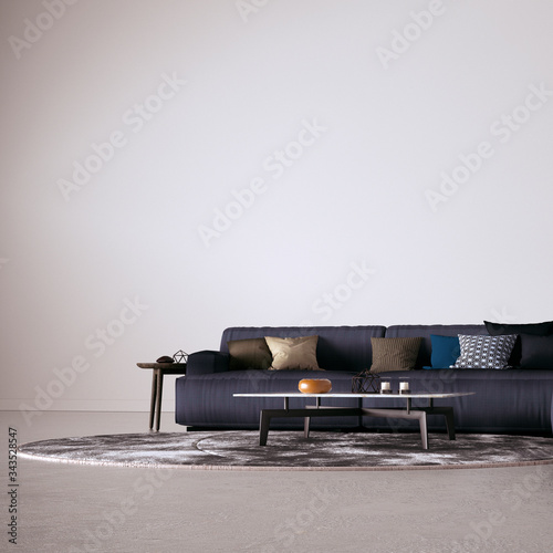 Realistic Room Render with Concrete Floors, Cozy Modern Sofa and Pillows photo