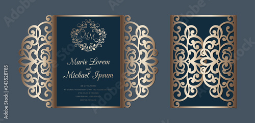 Laser cut wedding invitation gate fold card template vector. Paper cutting card with lace pattern.