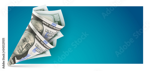 Banner with twisted folded paper bag origami made of currency banknote of one hundred american dollars (USD), isolated on white background, Business creative concept. Eps10 vector illustration.