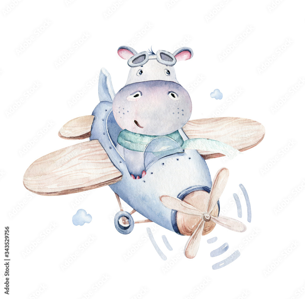 Fototapeta Watercolor baby cartoon pilot aviation hippopotamus, lion and zebra animals sky transport, airplanes clouds. cute childish baby shower illustration
