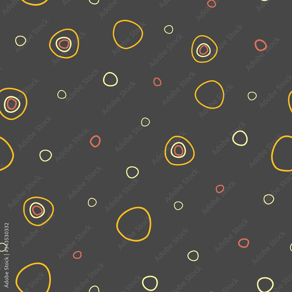 Circles distancing fun dots and circles on dark gray background seamless repeat vector pattern surface design