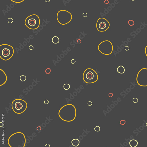 Circles distancing fun dots and circles on dark gray background seamless repeat vector pattern surface design