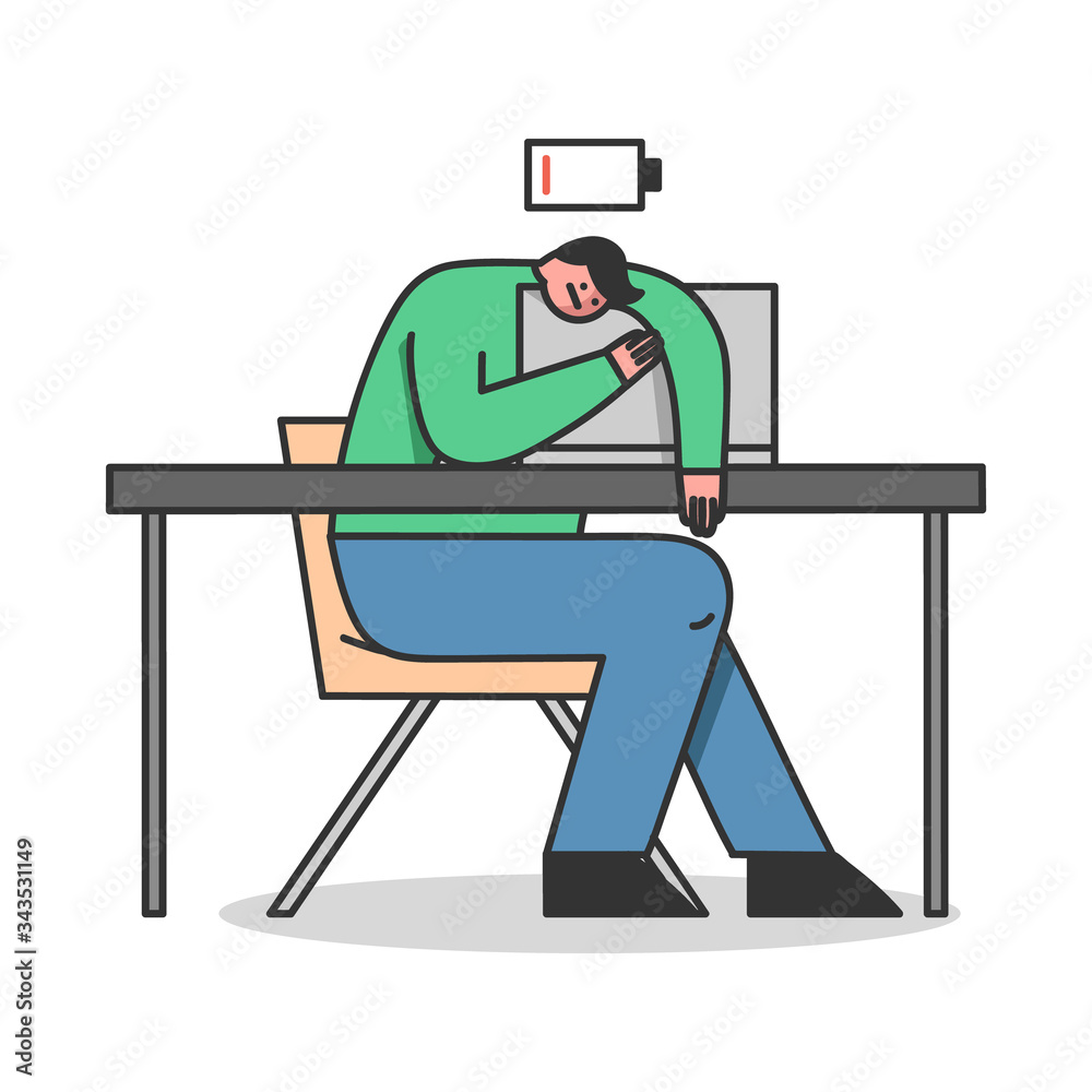 Emotional Burnout Syndrome, Stress And Hard Working Concept. Exhausted Tired Male Character Lie On Laptop With Low Battery Icon Above His Head. Cartoon Linear Outline Flat Style. Vector Illustration