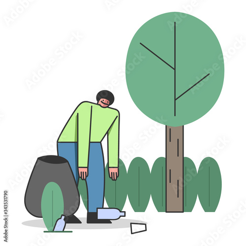 Garbage Collection, Ecology Volunteering Activity Concept. Volunteer Male Character Pick Up Plastic Waste In Forest Or In Park For Further Recycling. Cartoon Linear Outline Flat Vector Illustration