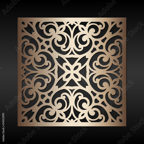 Laser cut square ornamental panel with pattern. Decorative element for wedding design. Cabinet fretwork panel. Metal design, wood carving.