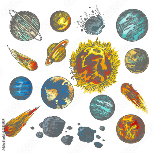 Planets vector sketch, meteorites and galaxy asteroids