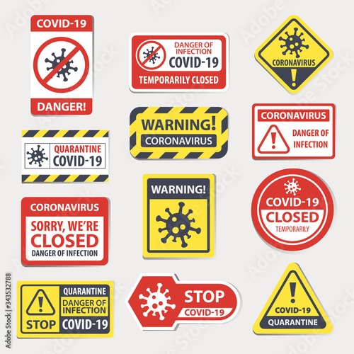 Coronavirus warning, quarantine attention signs, vector illustration