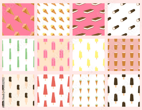 Set of ice cream seamless pattern. Collections popsicles, Frozen Yogurt, ice cream in chocolate glaze on a wooden stick, eskimo and fruit ice flavours wallpaper.