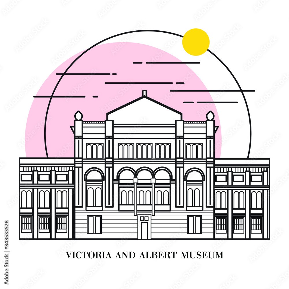Flat vector illustration of a historic building in London, Simple outline icon design cartoon landmark for vacation travel tourist attractions. Victoria and Albert Museum, London England.