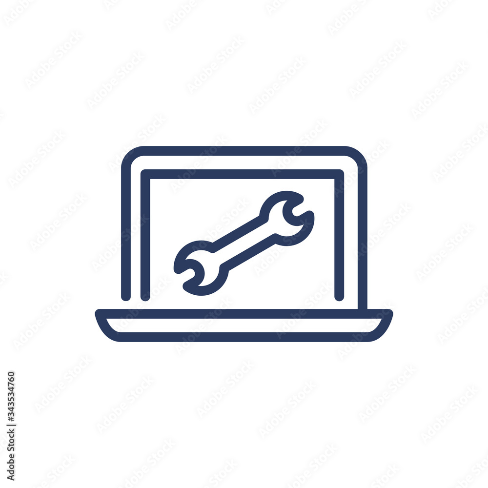 Laptop repair service thin line icon. Wrench, spanner, digital device isolated outline sign. Repair and maintenance concept. Vector illustration symbol element for web design and apps Laptop repair service thin line icon. Wrench, spanner, digital device isolated outline sign. Repair and maintenance concept. Vector illustration symbol element for web design and apps