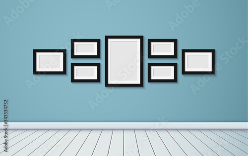 Vector illustration of a wooden frame and icons. Area for photography on the wall, design of interest. Realistic illustration of a wooden material with a texture.