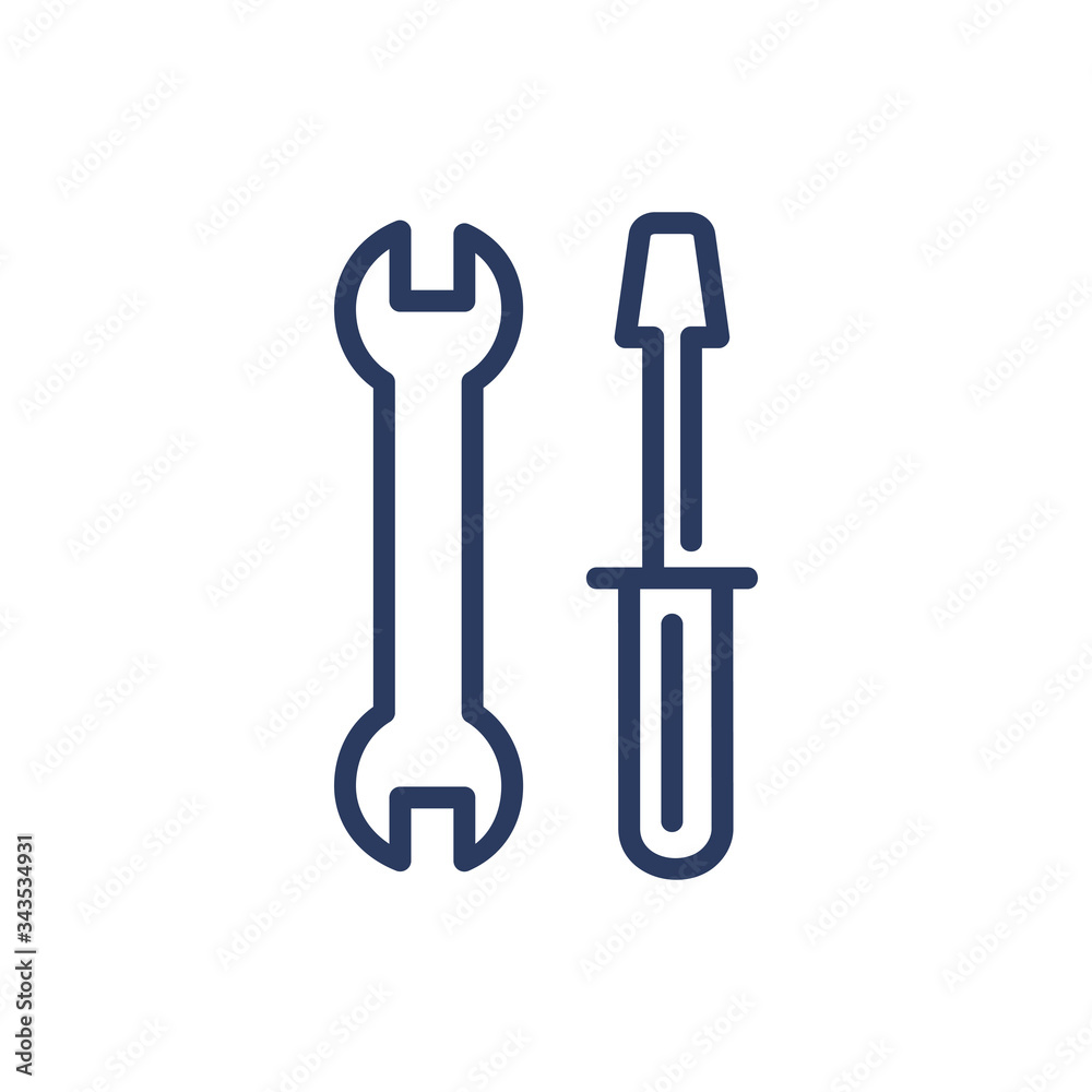 Wrench and screwdriver thin line icon. Setup, appliance, spanner isolated outline sign. Repair and maintenance concept. Vector illustration symbol element for web design and apps Wrench and screwdriver thin line icon. Setup, appliance, spanner isolated outline sign. Repair and maintenance concept. Vector illustration symbol element for web design and apps