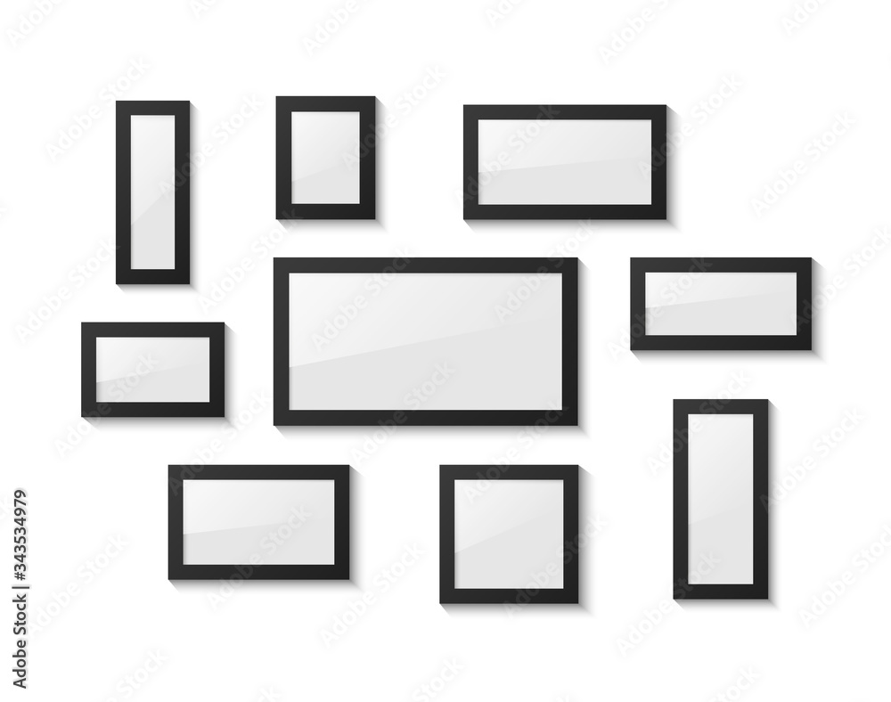 Vector illustration of a wooden frame and icons. Area for photography on the wall, design of interest. Realistic illustration of a wooden material with a texture.