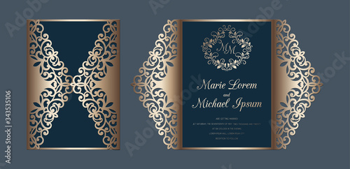 Laser cut wedding invitation gate fold card template vector. Paper cutting card with lace pattern.
