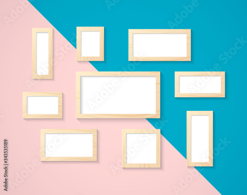 Vector illustration of a wooden frame and icons. Area for photography on the wall, design of interest. Realistic illustration of a wooden material with a texture.