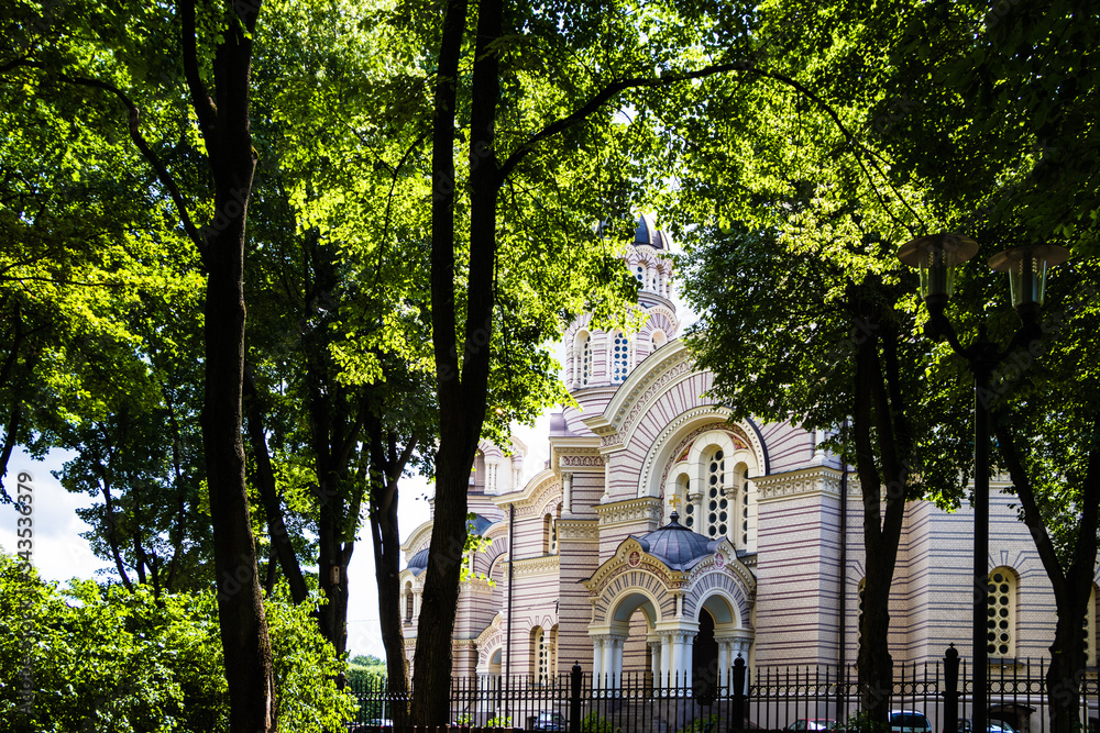 Fototapeta premium View of Riga's Nativity Cathedral from Esplanade Park