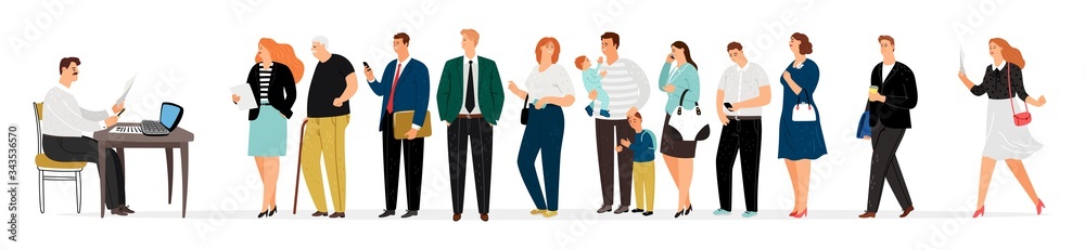 People queue. Man takes documents, secretary. Businesspeople, parents, elderly in waiting line vector illustration