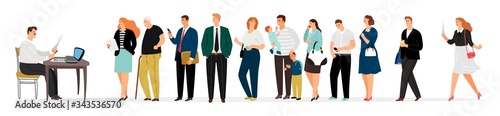 People queue. Man takes documents, secretary. Businesspeople, parents, elderly in waiting line vector illustration