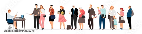 Social worker and people queue. Men women long waiting line. Isolated different persons, old couple and student, businesswoman and young parent vector illustration