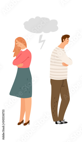 Spouses offended by each other. Husband and wife do not talk, family quarrel. Divorce or abusing vector illustration