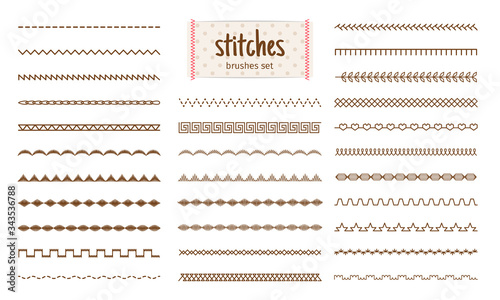 Stitch set. Fabric stitches textures isolated on white background, embroidery sewing threads details, machine sew line pattern elements vector illustration