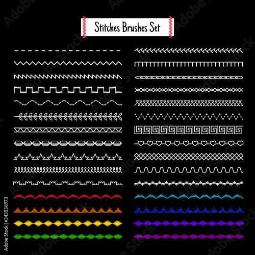 Stitches brushes patterns. Fabric embroidery stitch set, craft stitching vector brush threads, stitched fringes and lines, geometric meander and zigzag sewing pattern machine texture