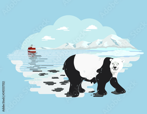 Polar bear covered with oil spills from cargo ship so it looks like a panda
