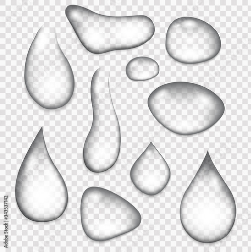 Realistic water drops, drops after the rain. Current drops from rain or spray. Wetness and transparency theme