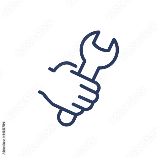 Hand holding wrench thin line icon. Manual, adjustable, development isolated outline sign. Repair and maintenance concept. Vector illustration symbol element for web design and apps