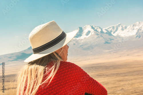 Beautiful woman enjoying the mountainous landscapes of the Callejon de Huaylas, Huraz. Peru.
 photo