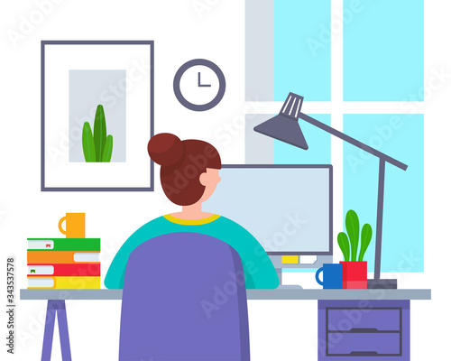 Work from home. Quarantine, stay at home concept. Woman freelancer working on computer at home
