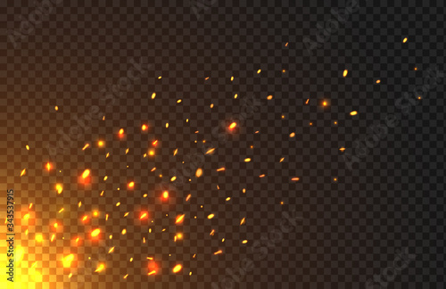 Fire sparks of metal welding isolated on transparent background. During iron cutting. Vector illustration.