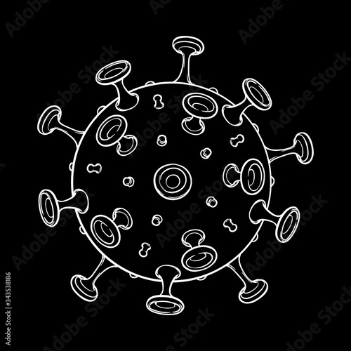 SARS-CoV-2 virion schematic representation. COVID-19 infectious agent. White line drawing isolated on black background. EPS10 vector illustration