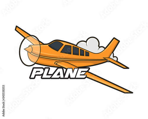 illustration of an airplane cartoon flying in the sky. Plane passenger airliner surrounded by clouds.