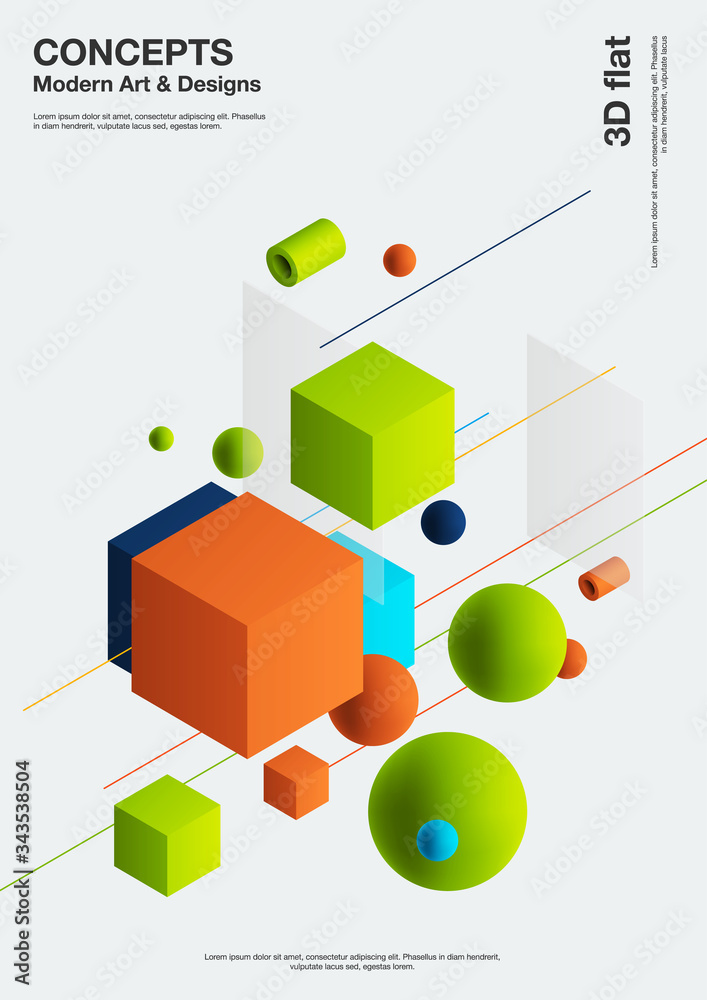 Obraz premium Abstract background, modern composition of geometric shapes. Cube, sphere, cylinder, line. 3d illustration.