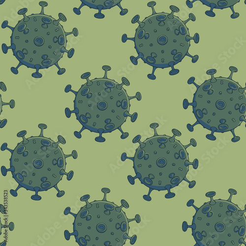 SARS-CoV-2 virion schematic representation. Seamless pattern with regular and symmetric elements distribution. White background. EPS10 vector illustration