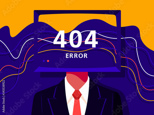 Error 404. Page not found. Monitor on shoulders instead of head with cables and text. Website and landing page. Color vector flat illustration