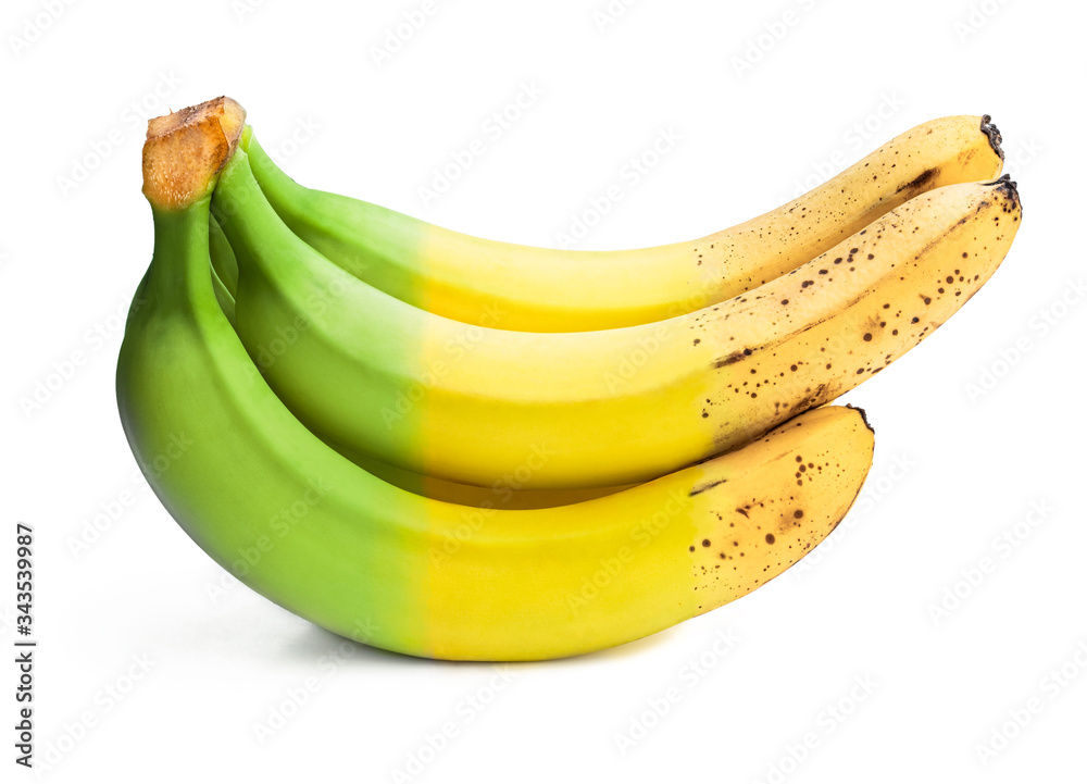 Conceptual image of half ripe banana bunch showing different stages