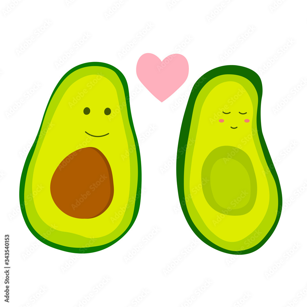 Couple avocado in love, cute cartoon illustration . Two avocado halves with heart, St. Valentine's day greeting card drawing. Vector stock kawaii  illustration isolated on white background.