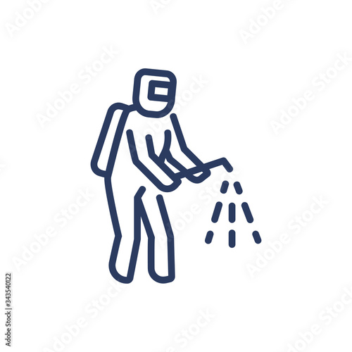 Disinfection worker thin line icon. Sterilization, cleaning, uniform isolated outline sign. Healthcare and virology concept. Vector illustration symbol element for web design and apps
