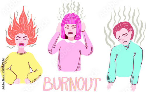 Burnout Syndrome. vector set of people with headache, stress, fatigue.