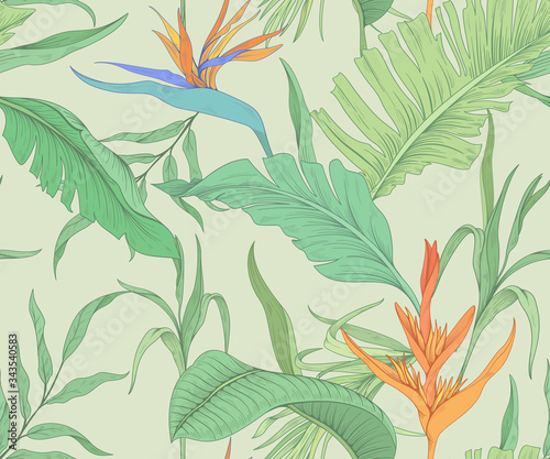 Seamless pattern with tropical flowers and palm leaves