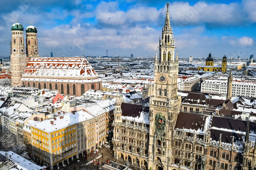 Munich, Germany - 02.03.2019: Snowy birdview of the centre of Munich in winter with rathaus