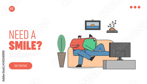 Family Leisure Concept. Website Landing Page. Young Couple Man And Woman Spending Time At Home. Characters Watching TV In Living Room. Web Page Cartoon Linear Outline Flat Style Vector Illustration