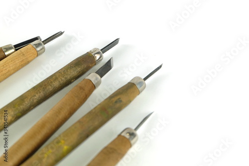Equipment for wood carving, graphic arts on white