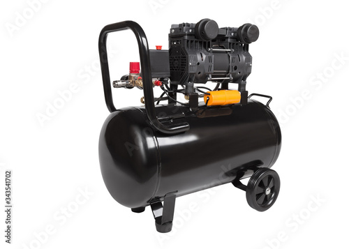 Oil-free portable single-stage air compressor. Black air compressor. Angle view. Isolated on a white background 