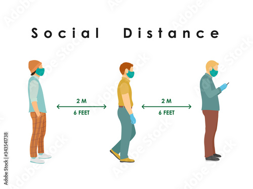 social distance. Full length of cartoon sick people men in medical masks and gloves standing in line against at a safe distance of 2 meters or 6 feet. flat vector illustration