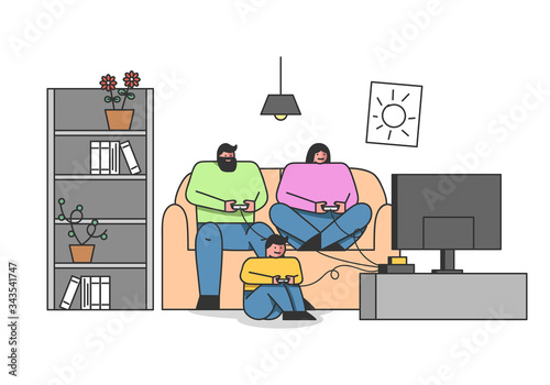 Family Leisure Concept. Happy Family Dad, Mom And Son Spending Time Together At Home Playing Video Games. Characters Play Game Console In Living Room. Cartoon Linear Outline Flat Vector Illustration