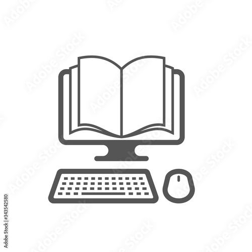 Vector logo template. Reading books on the Internet, E-reading, Internet library, online book store, remote education. EPS 10